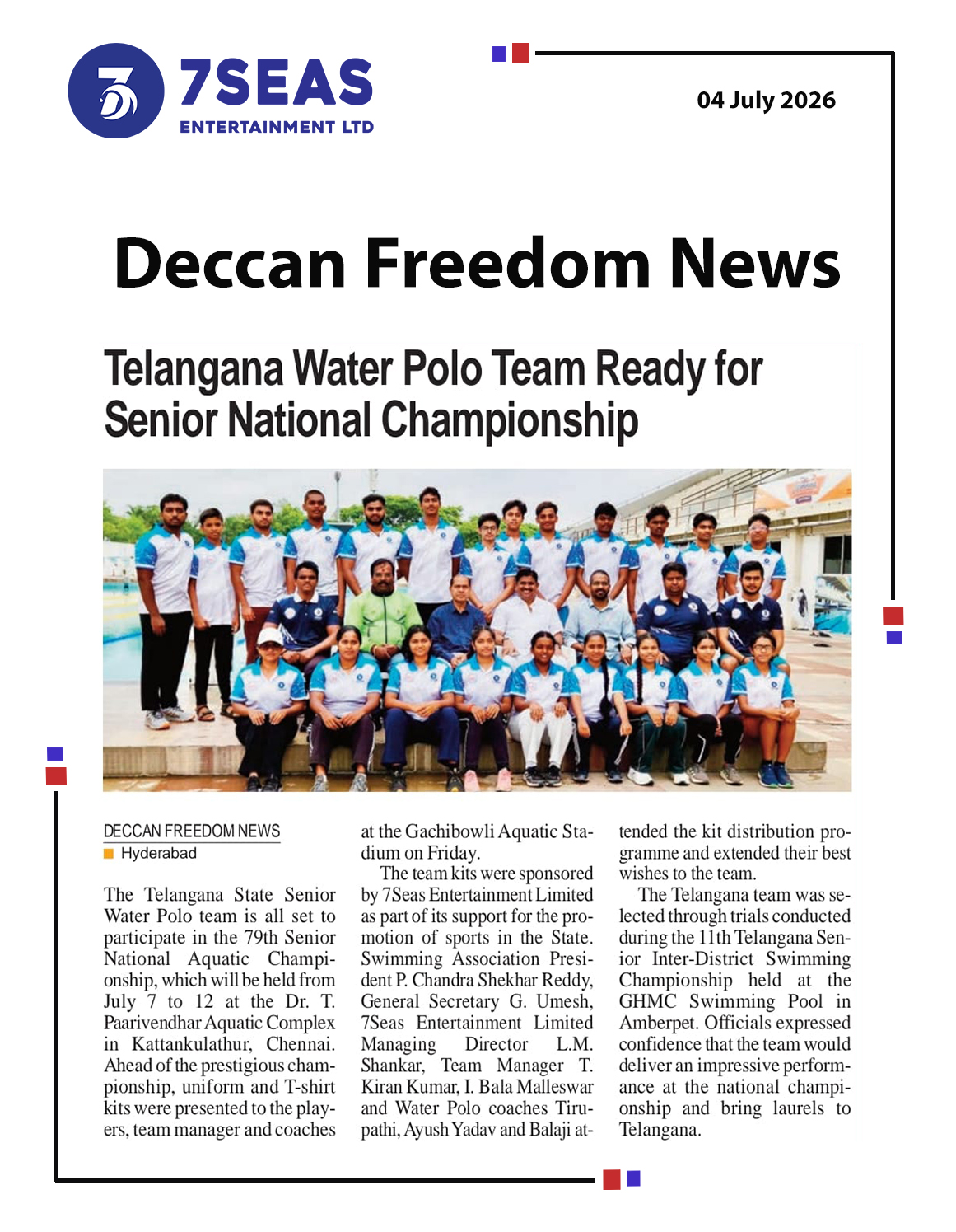 7Seas Entertainment Ltd sponsors for Telangana State Water Polo Team
